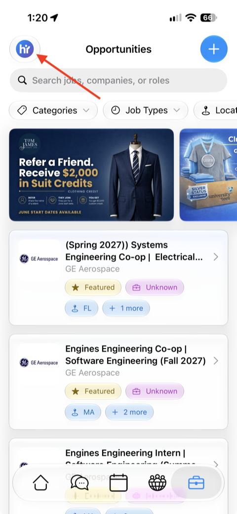 Tapping the profile picture in the top left of the Opportunities screen