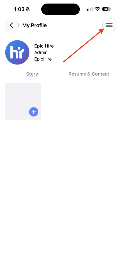 Tapping the menu icon in the top right of the My Profile screen