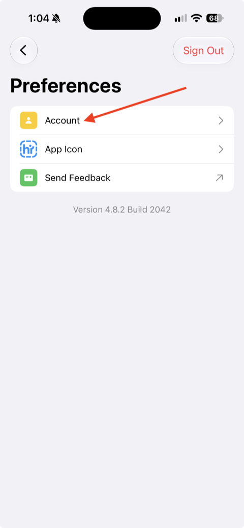 Tapping Account on the Preferences screen