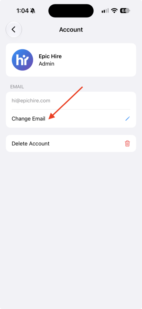 Tapping Change Email on the Account screen