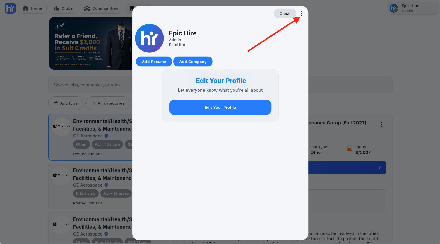Clicking the three-dot menu in the profile window