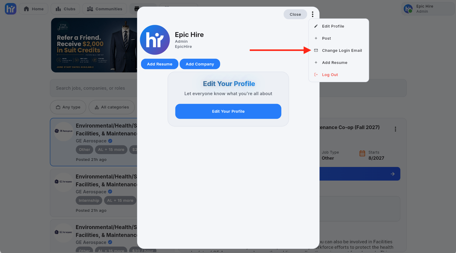 Choosing Change Login Email from the profile menu