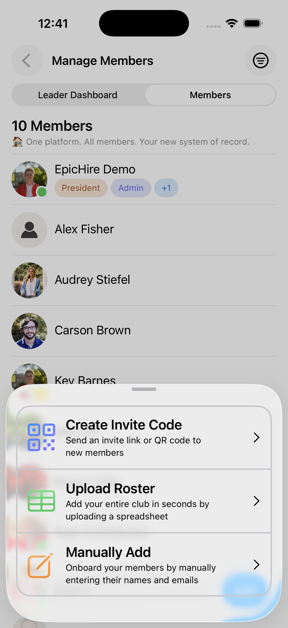 The Members screen with the Add button