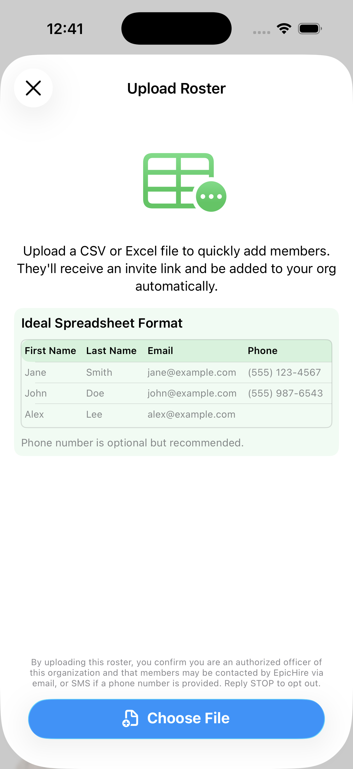 The upload roster screen on iOS
