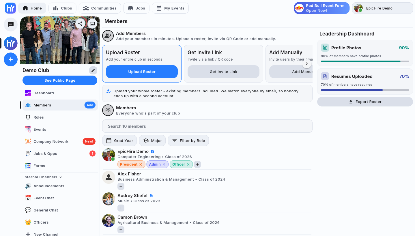 The Add Members panel with the Upload Roster, Get Invite Link and Add Manually options