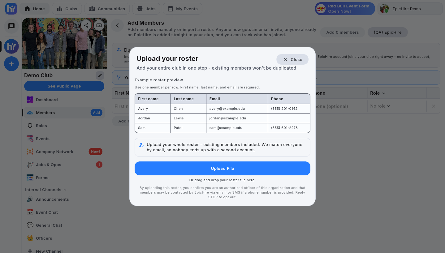 The Upload your roster dialog with the example table and Upload File button