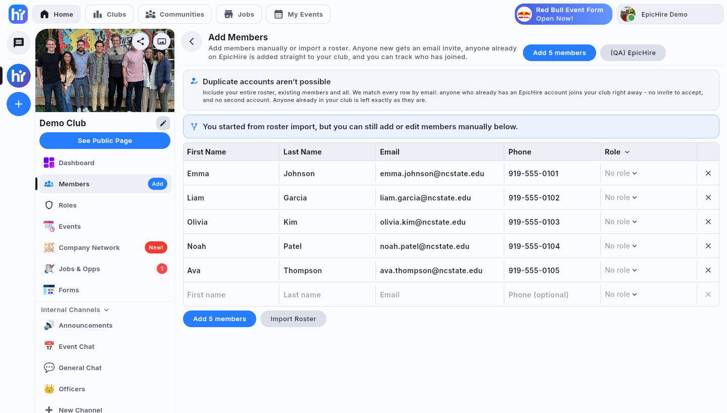 The reviewed roster rows in an editable table with an Add members button