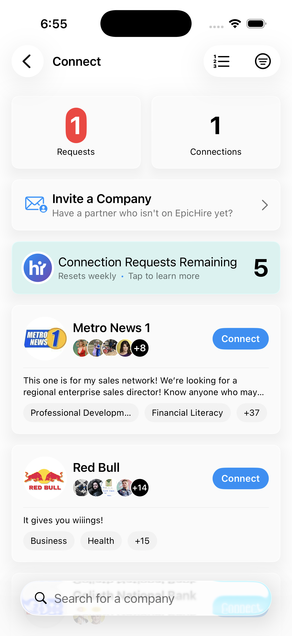 The Connect screen showing companies to connect with and the weekly requests remaining