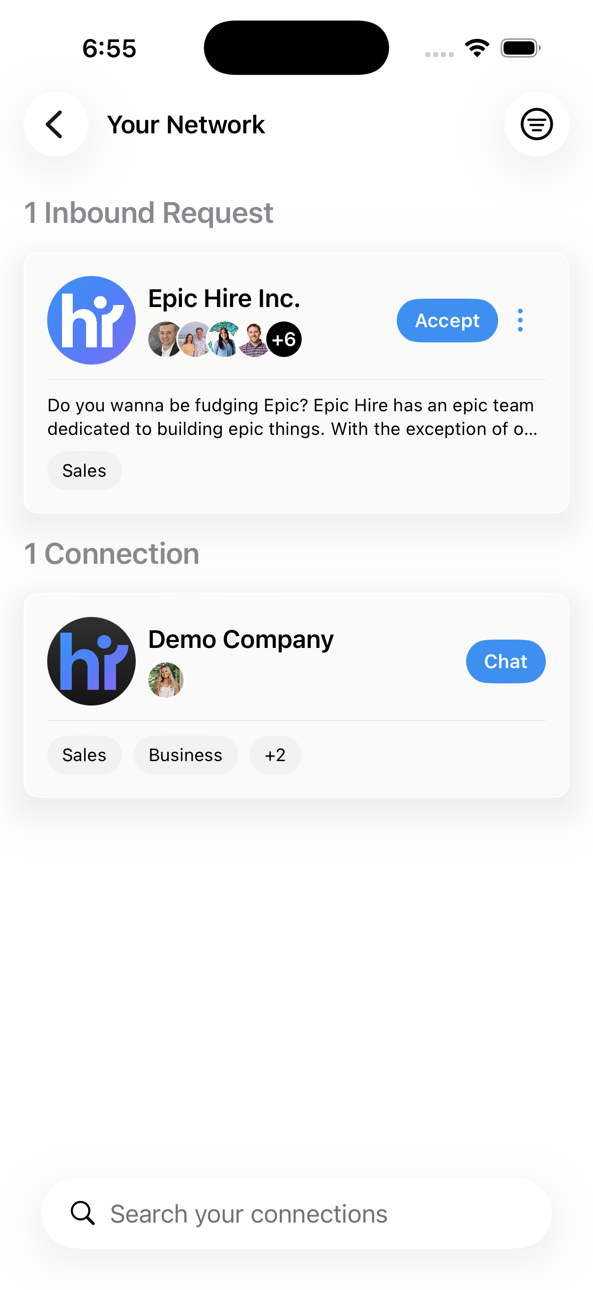 Your Network showing an inbound request to accept and an existing connection to chat with