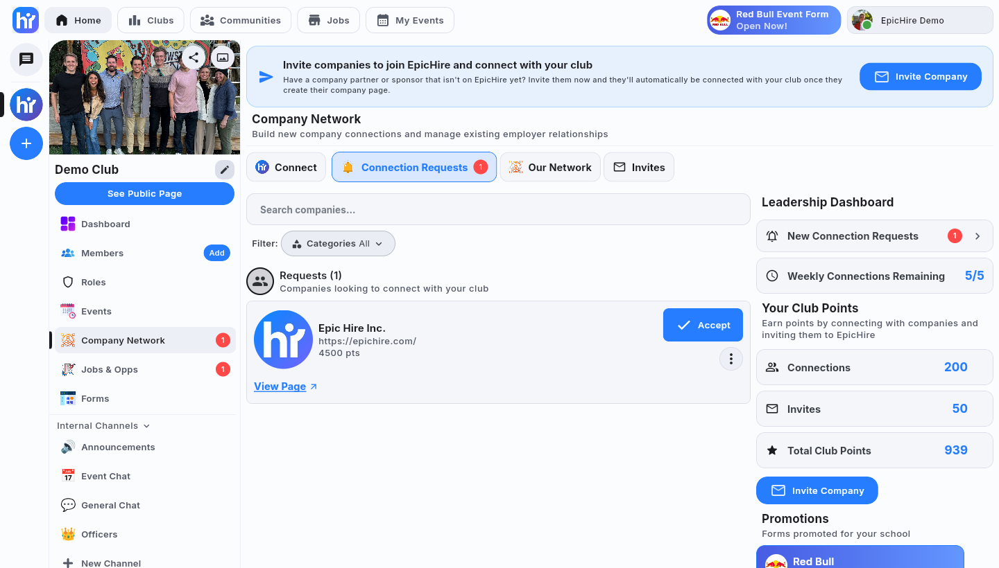 The Connection Requests tab with a company request and its Accept button