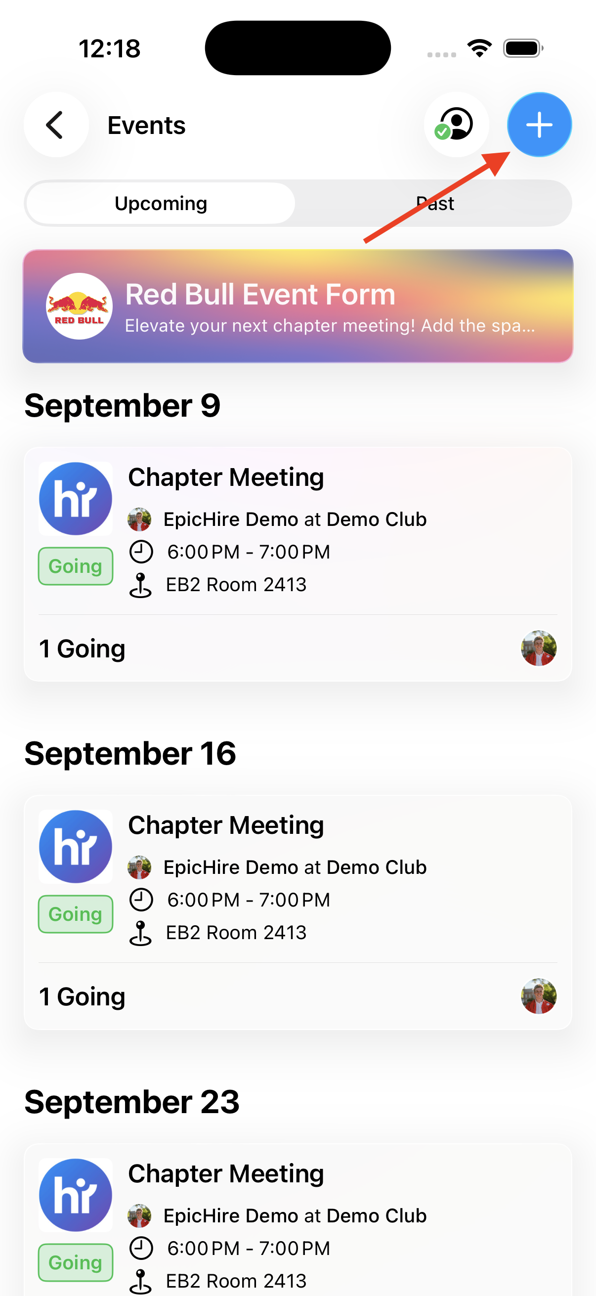 The club Events screen with the plus button highlighted