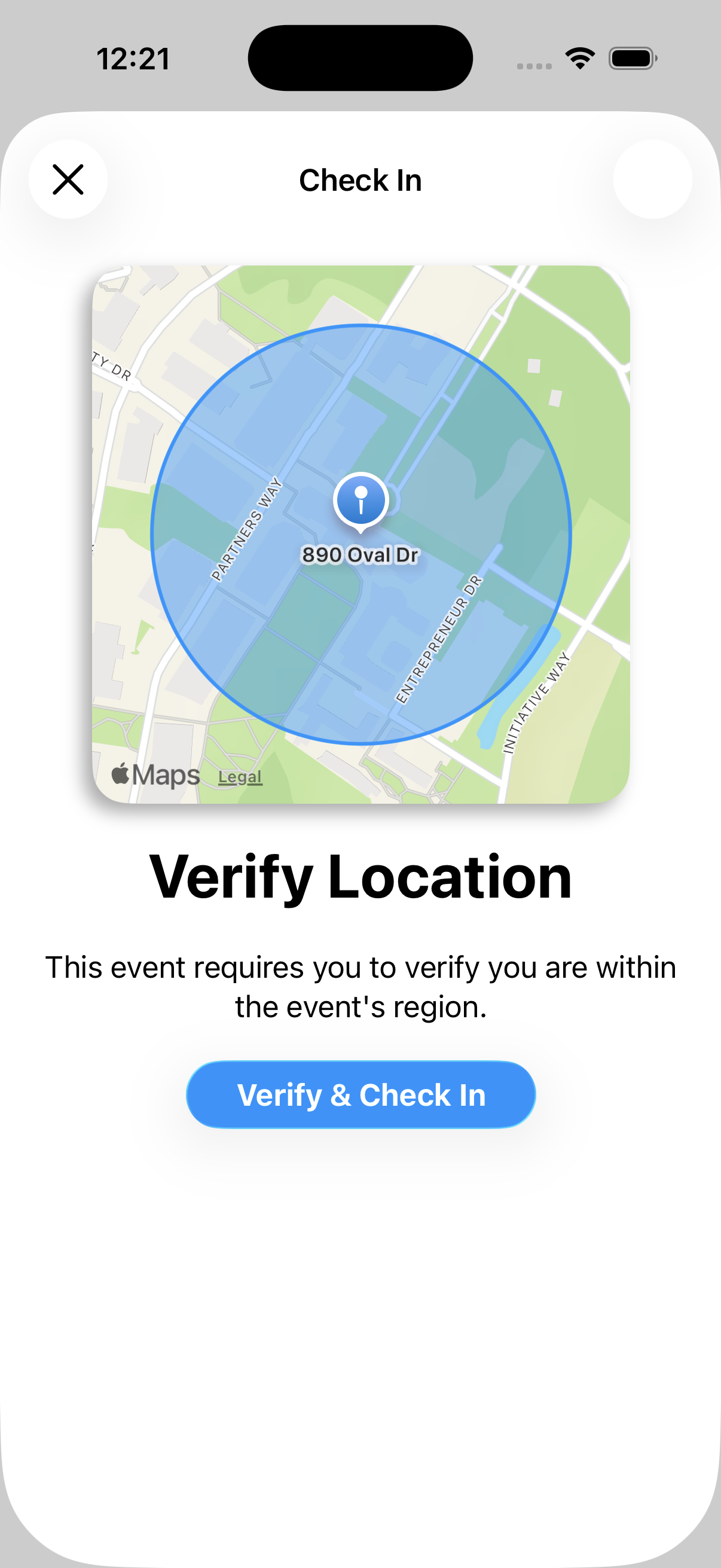 The member's Verify Location screen with the Verify and Check In button