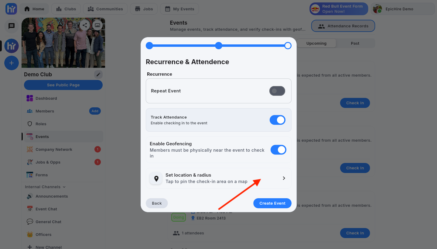 The Recurrence and Attendance step with Track Attendance and Enable Geofencing on