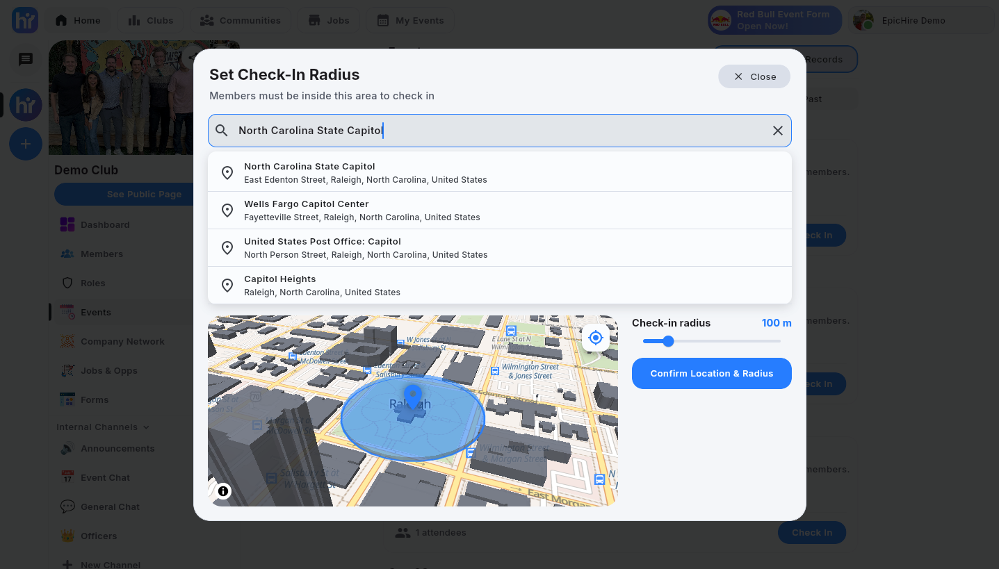 The Set Check-In Radius dialog with an address search and its results
