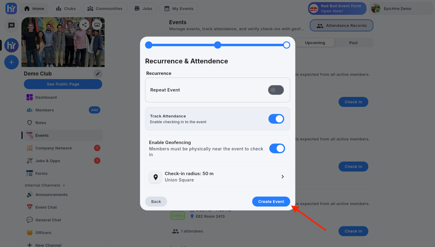 The wizard showing the saved check-in radius and resolved place name before creating the event