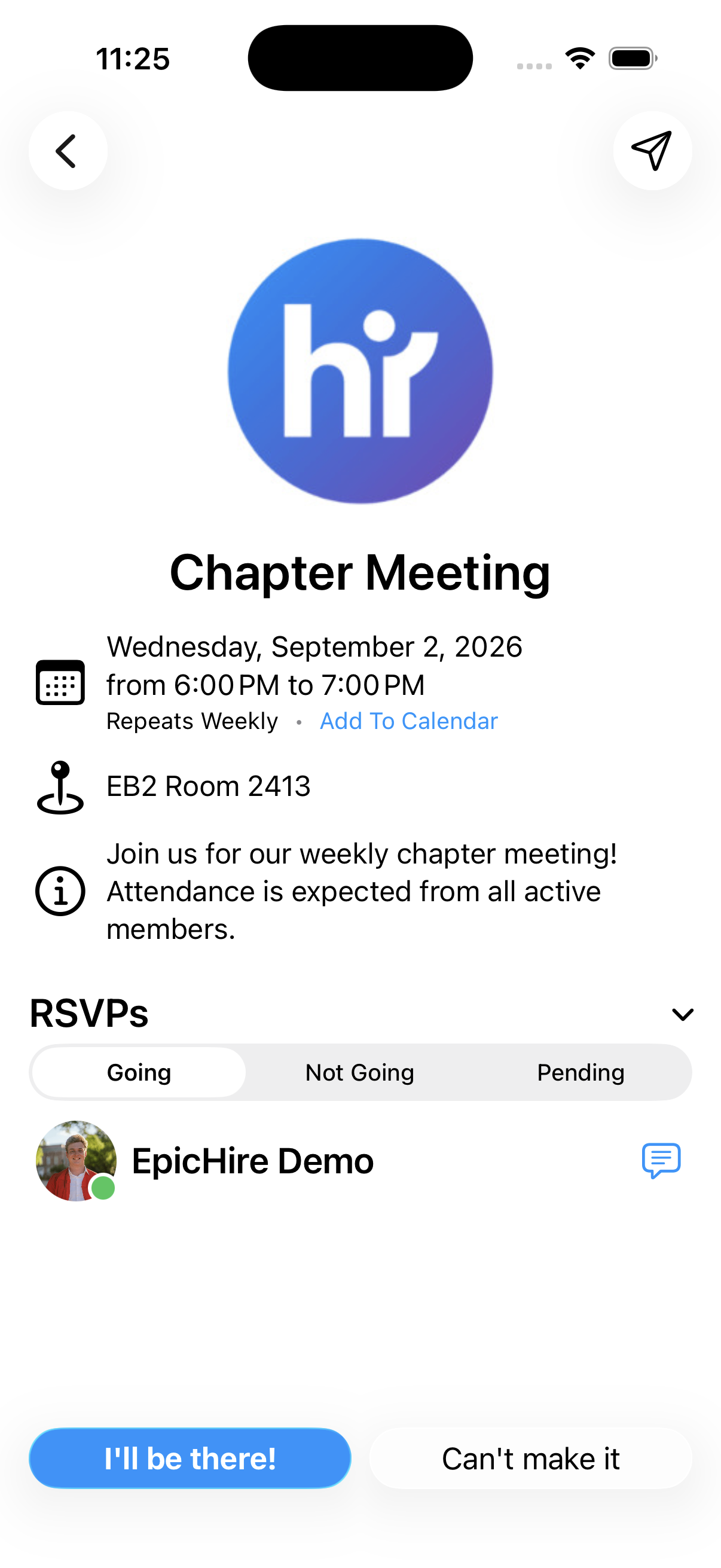 An event screen showing the I'll be there and Can't make it RSVP buttons