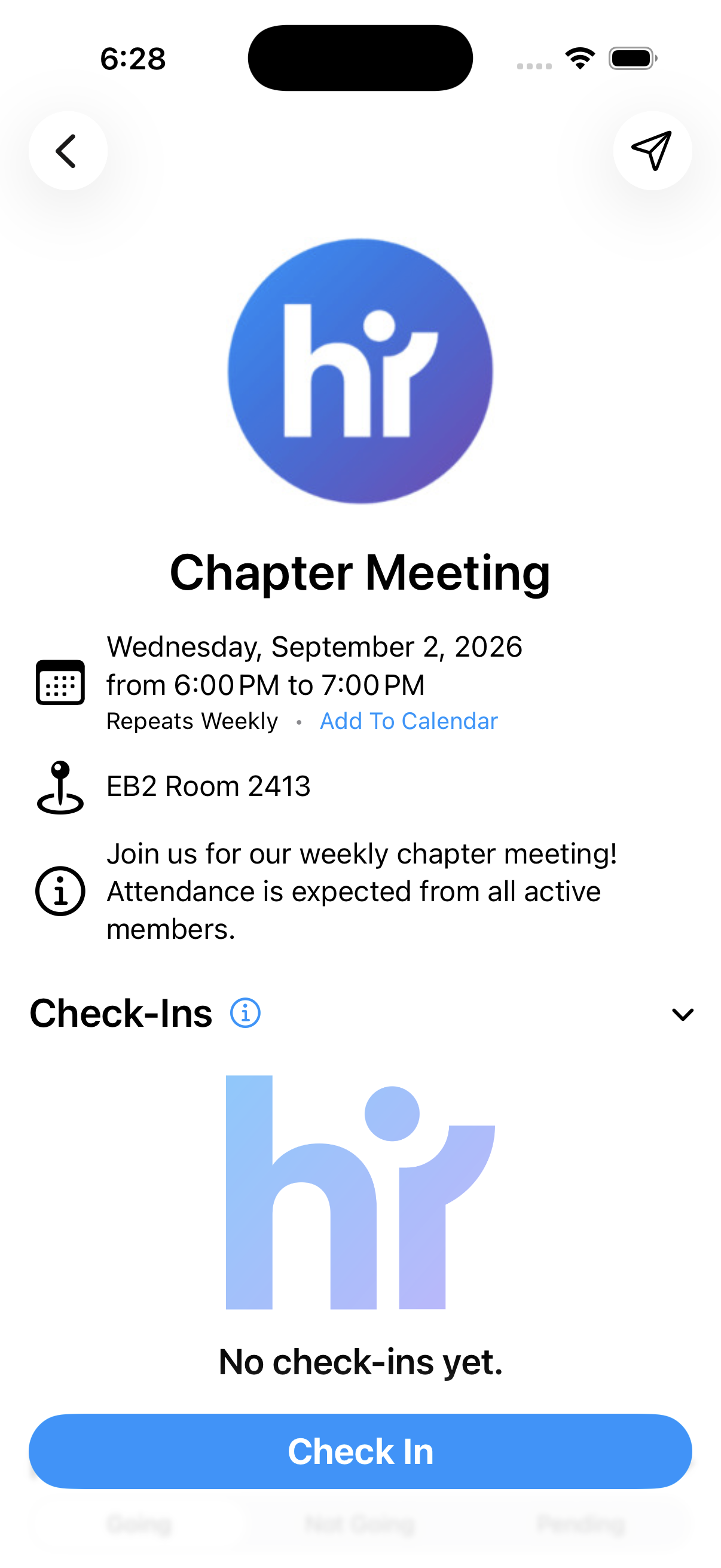 The Check In button on an event that is currently running