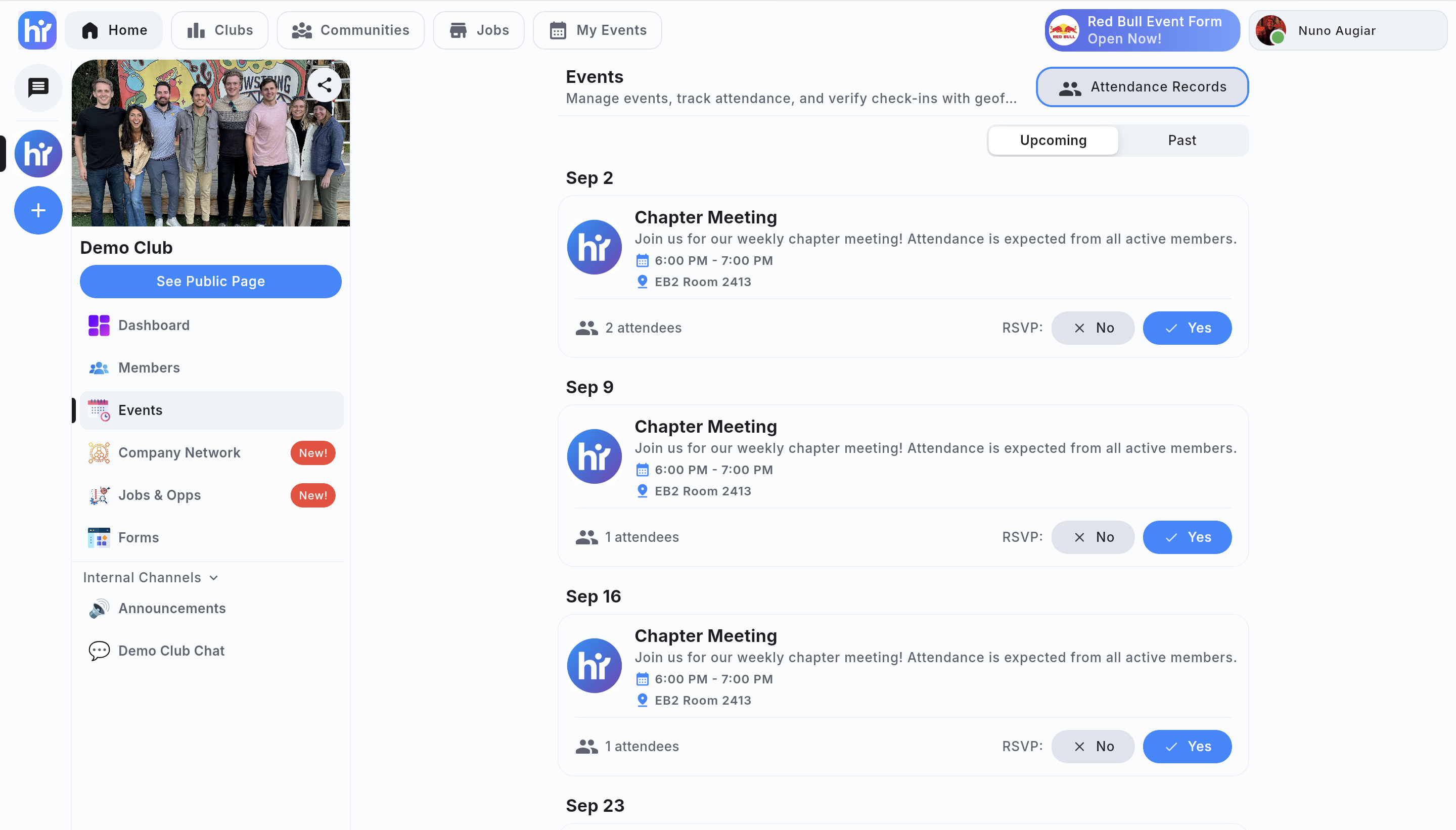 The My Events page listing upcoming events
