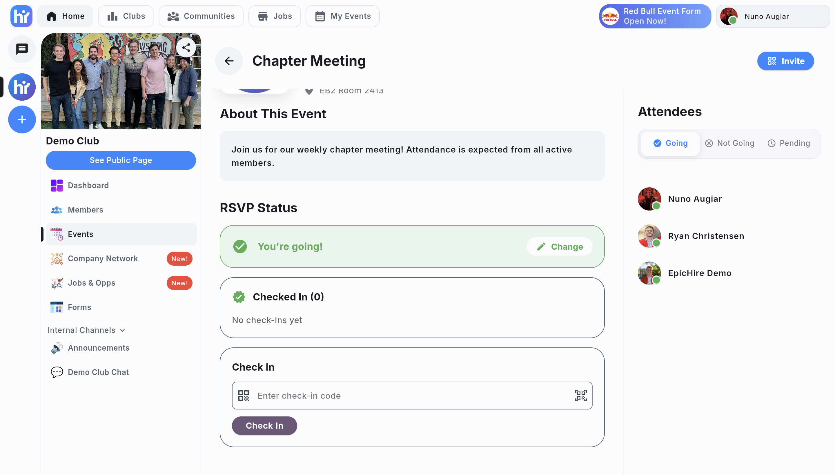 The check-in section of an event page in the web app