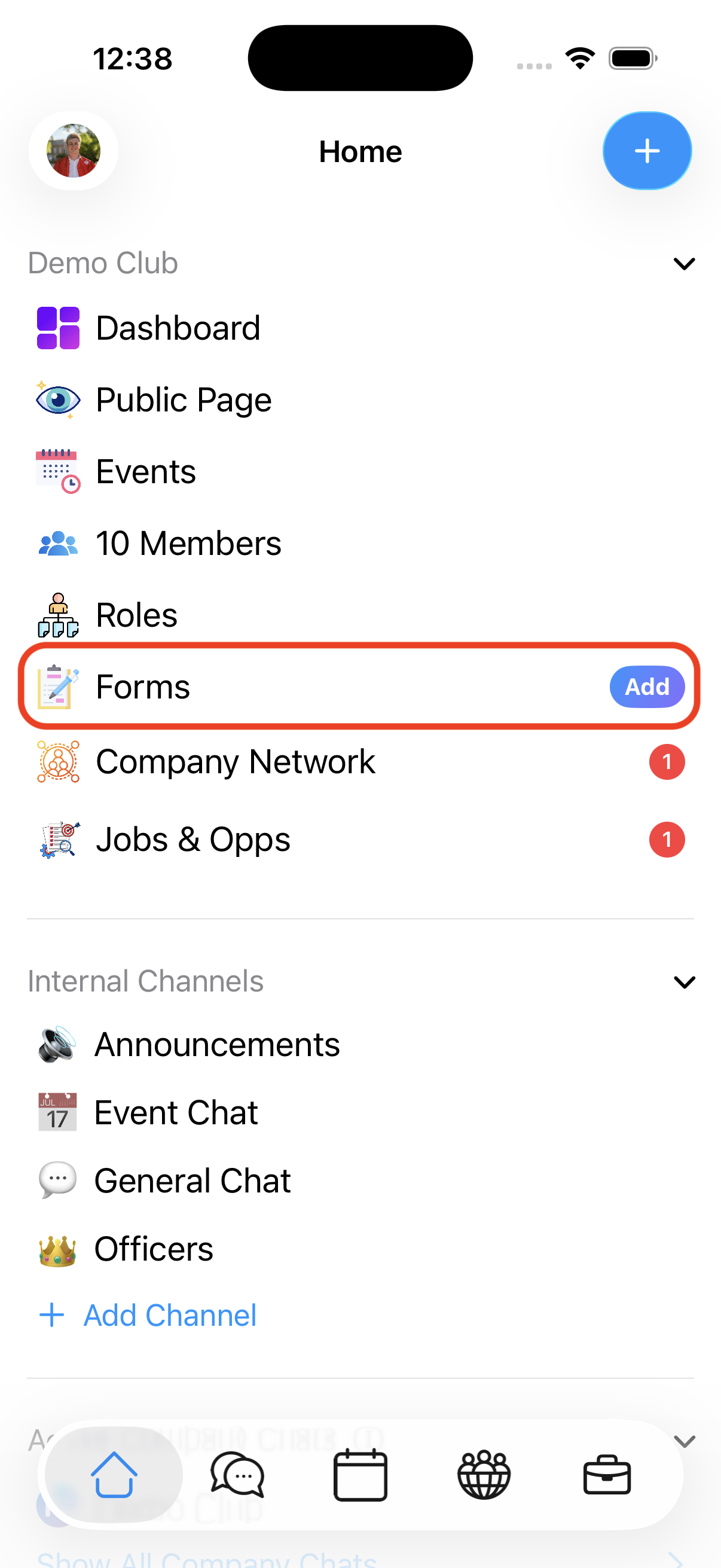 The Forms entry in a club's list with its Add button