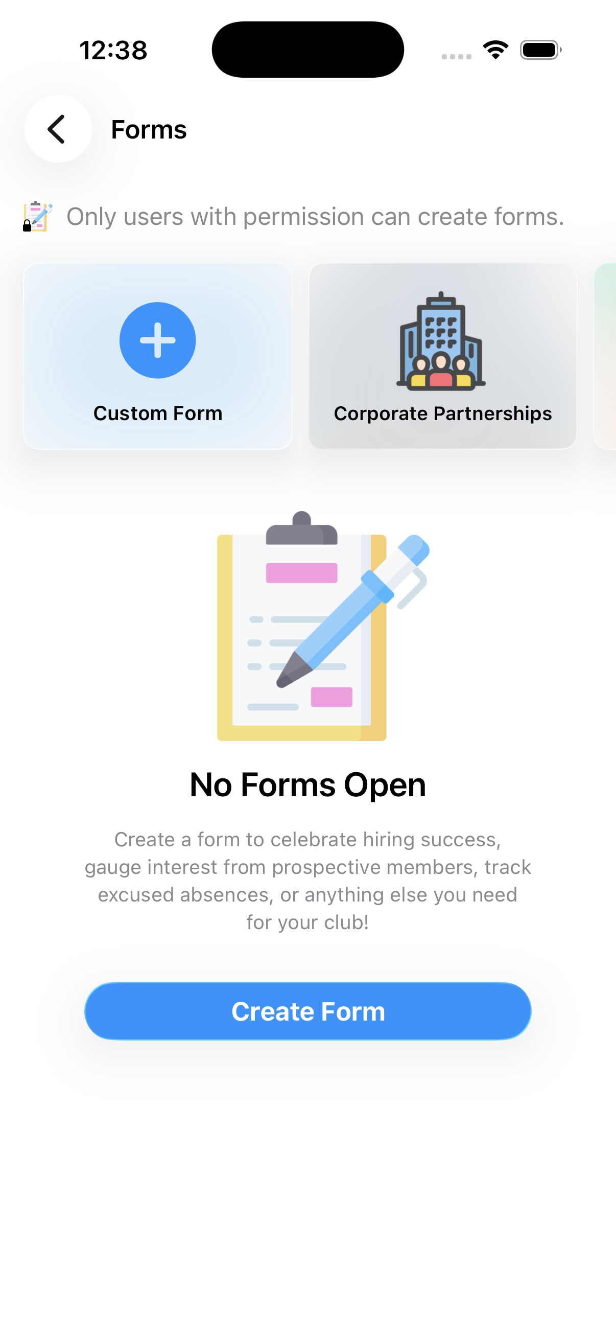 The Forms screen with its templates and the Create Form button