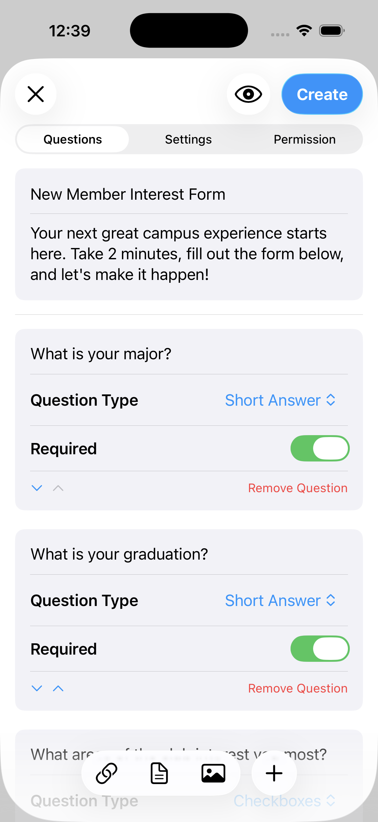 The form editor with the Questions, Settings and Permission tabs