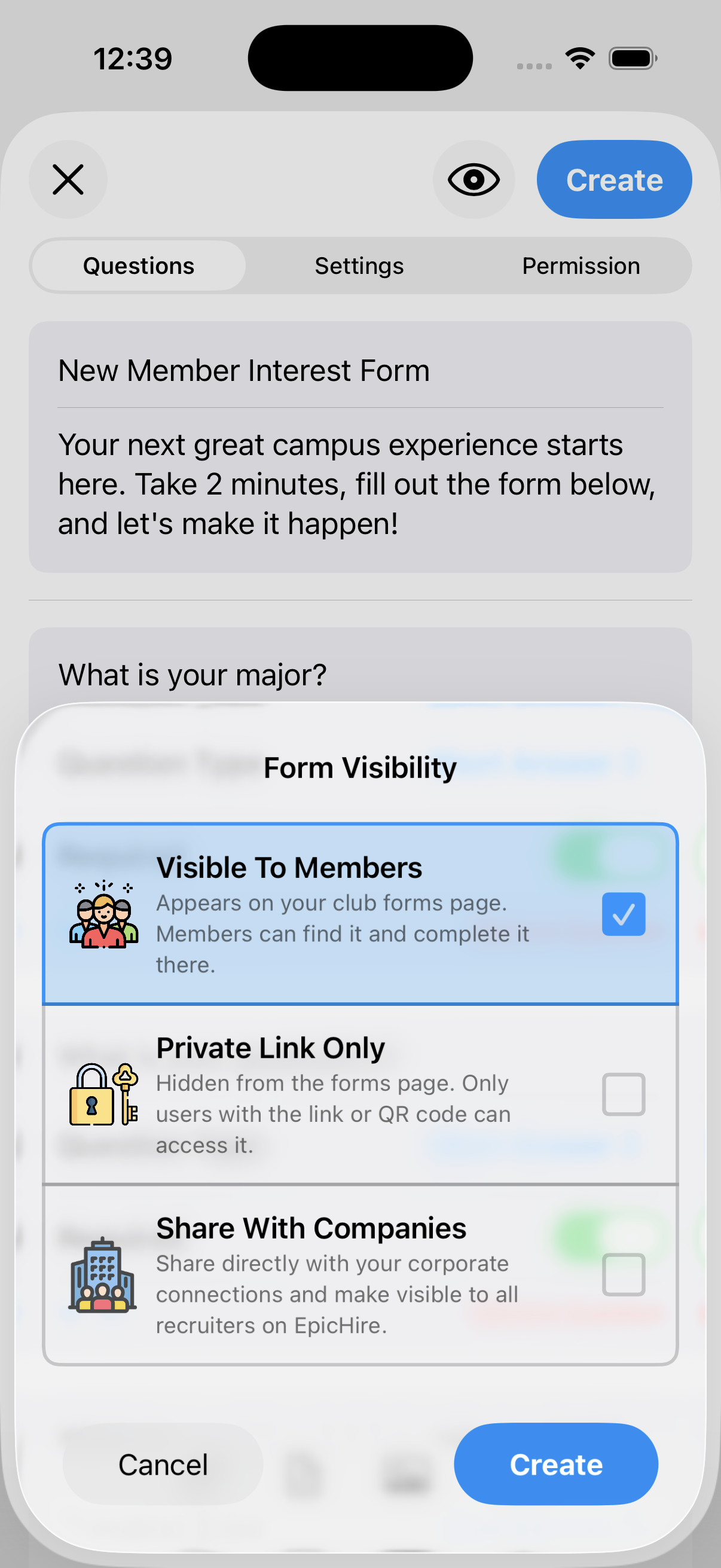 The Form Visibility sheet with its three options