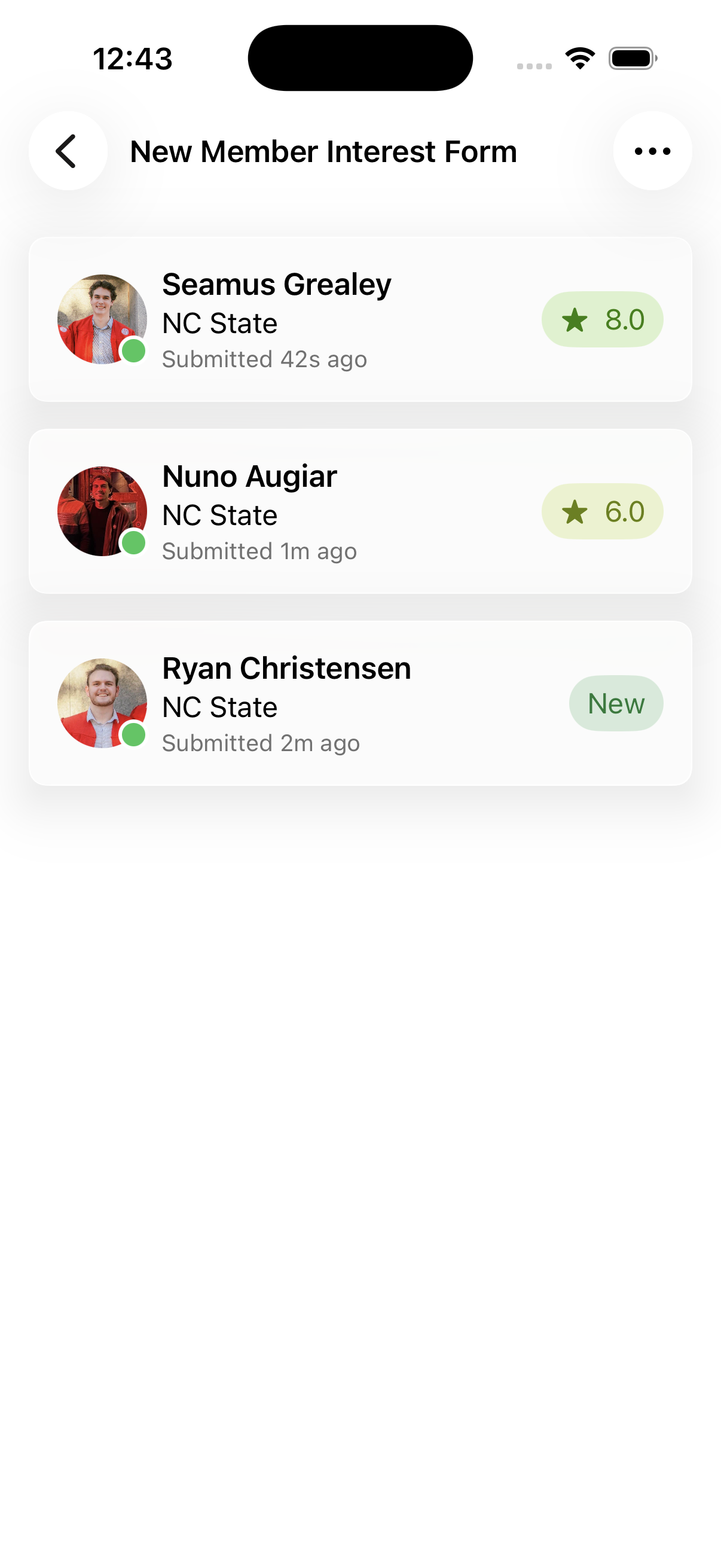 The submissions list showing scores and a New badge