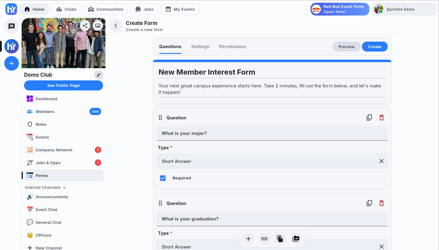 The Create Form editor with question cards, types and required checkboxes
