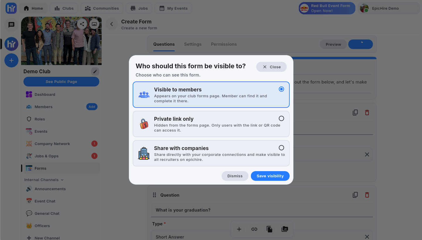 The visibility dialog with visible to members, private link only and share with companies