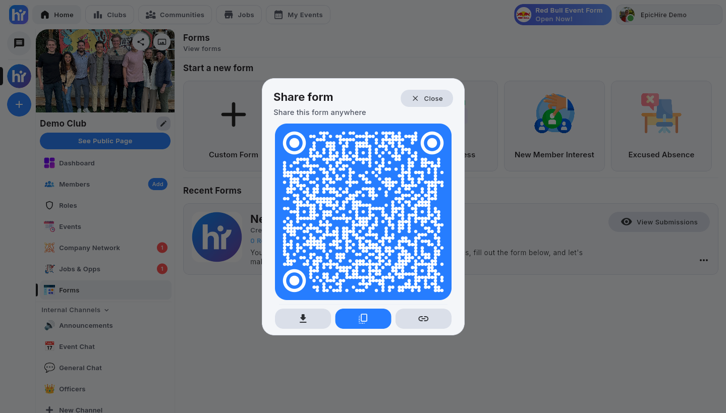 The Share form dialog with a QR code and download, copy and link buttons