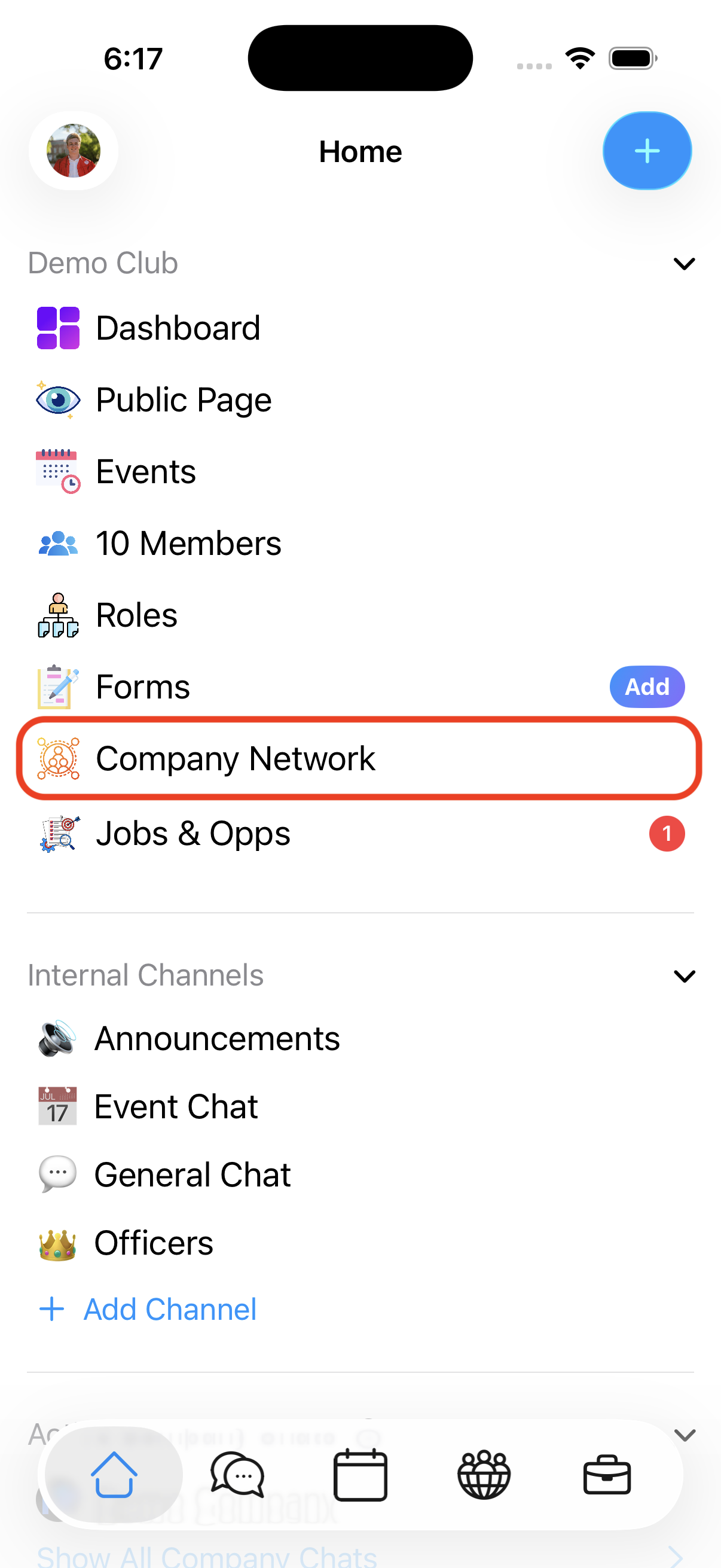 The Company Network entry in a club's list on iOS