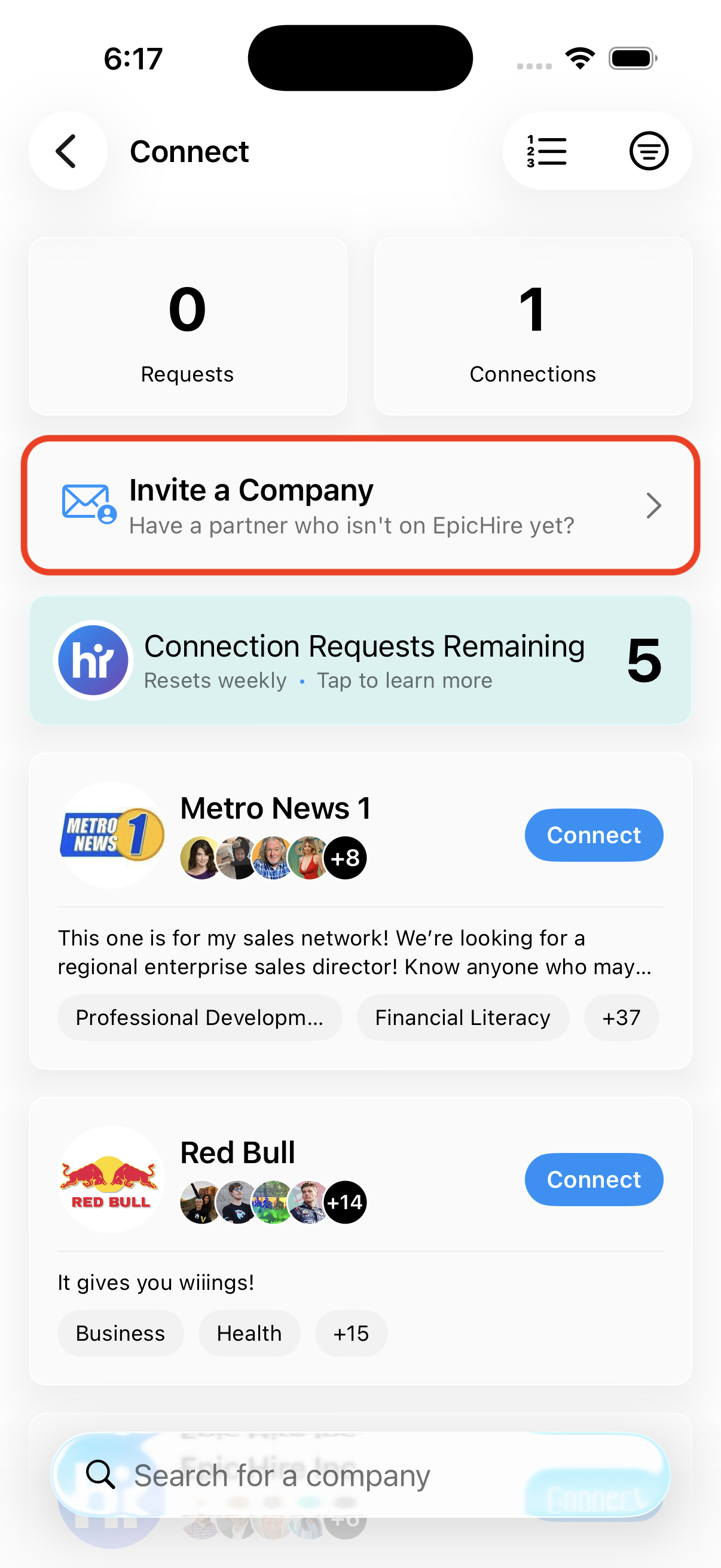 The Connect screen with the Invite a Company row highlighted