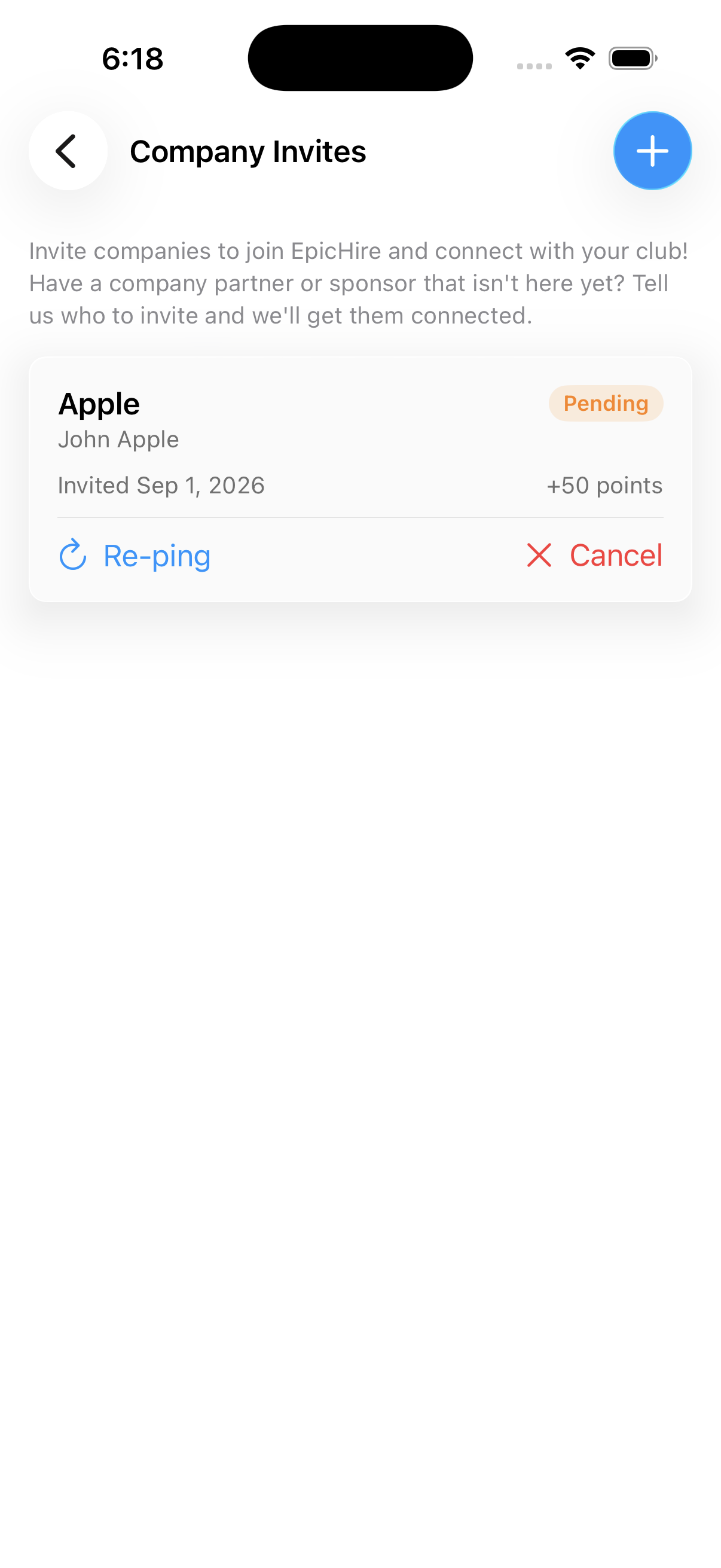 The Company Invites list showing a pending invite with Re-ping and Cancel