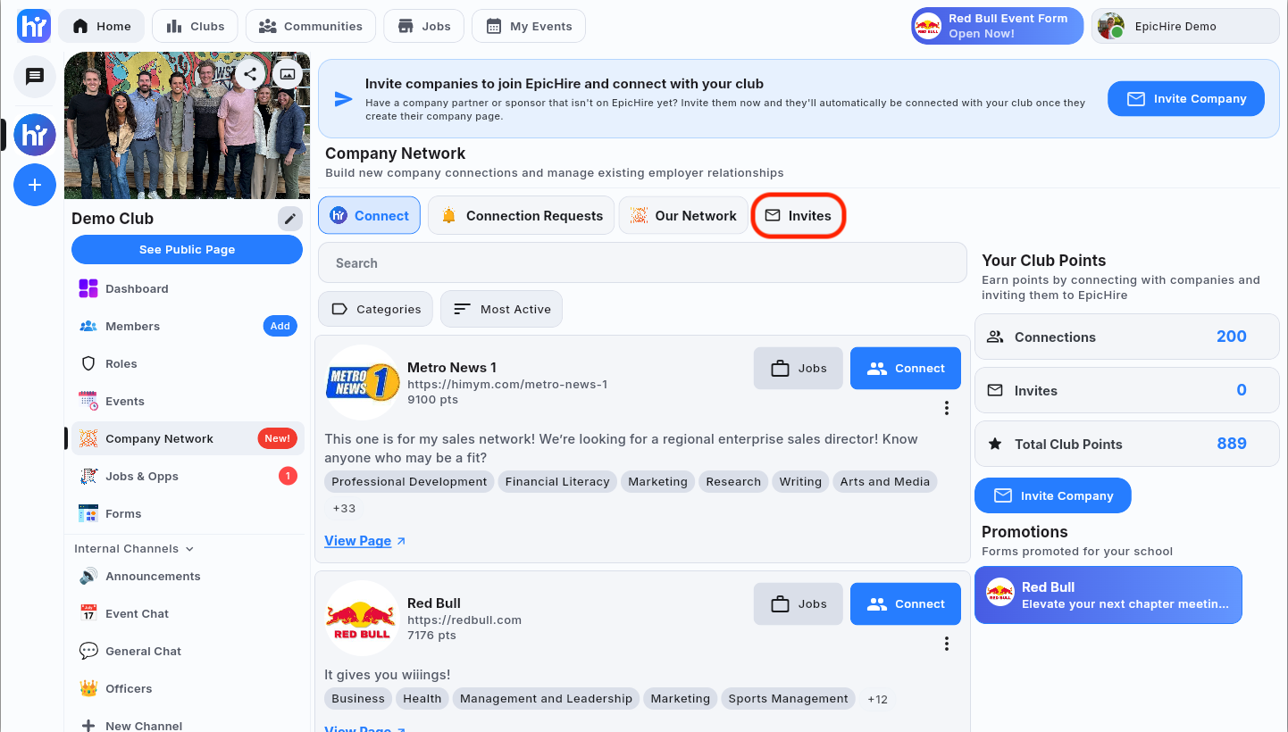 The Company Network screen with its four tabs and the Invites tab highlighted