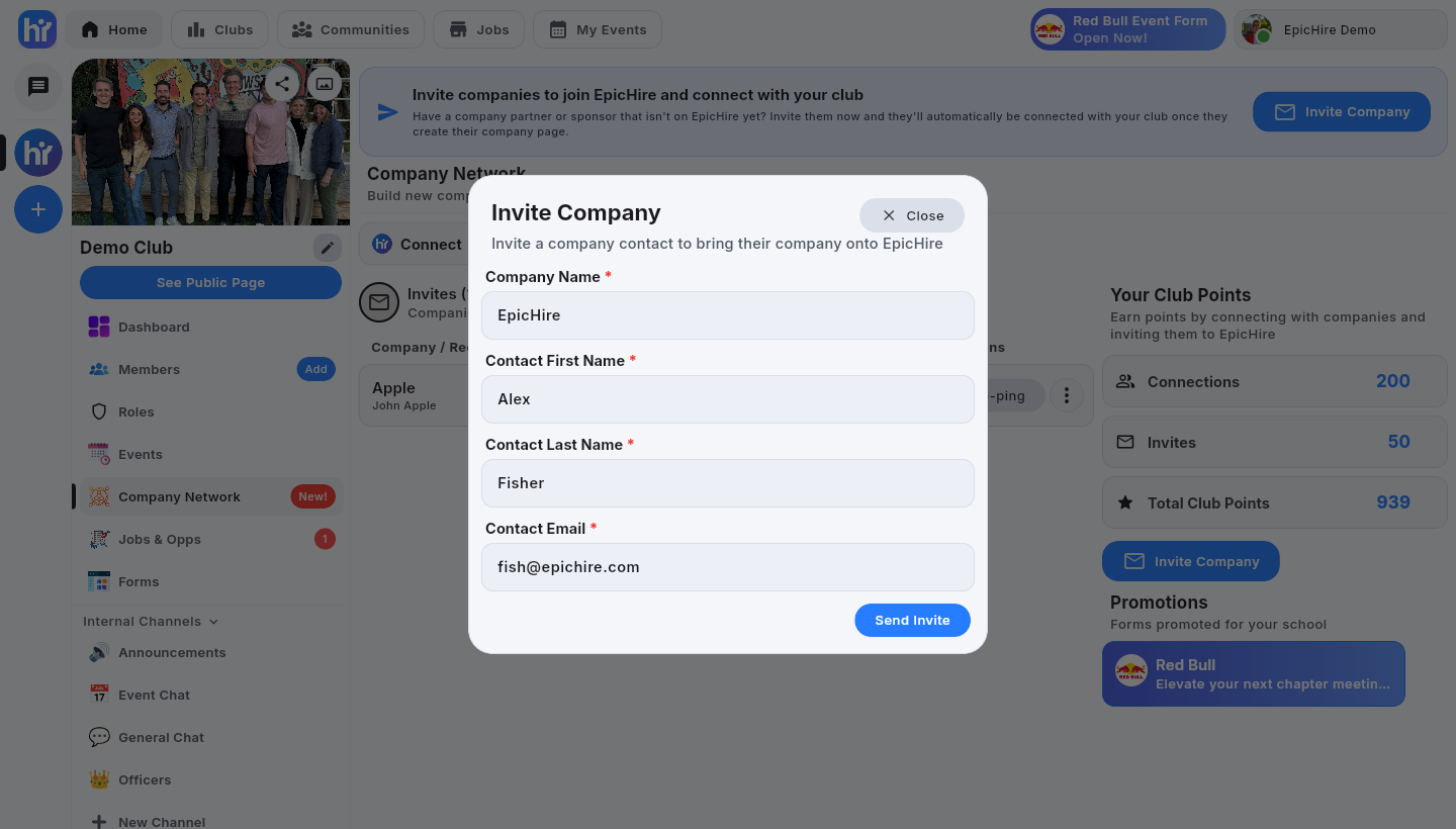 The Invite Company dialog with company name and contact fields