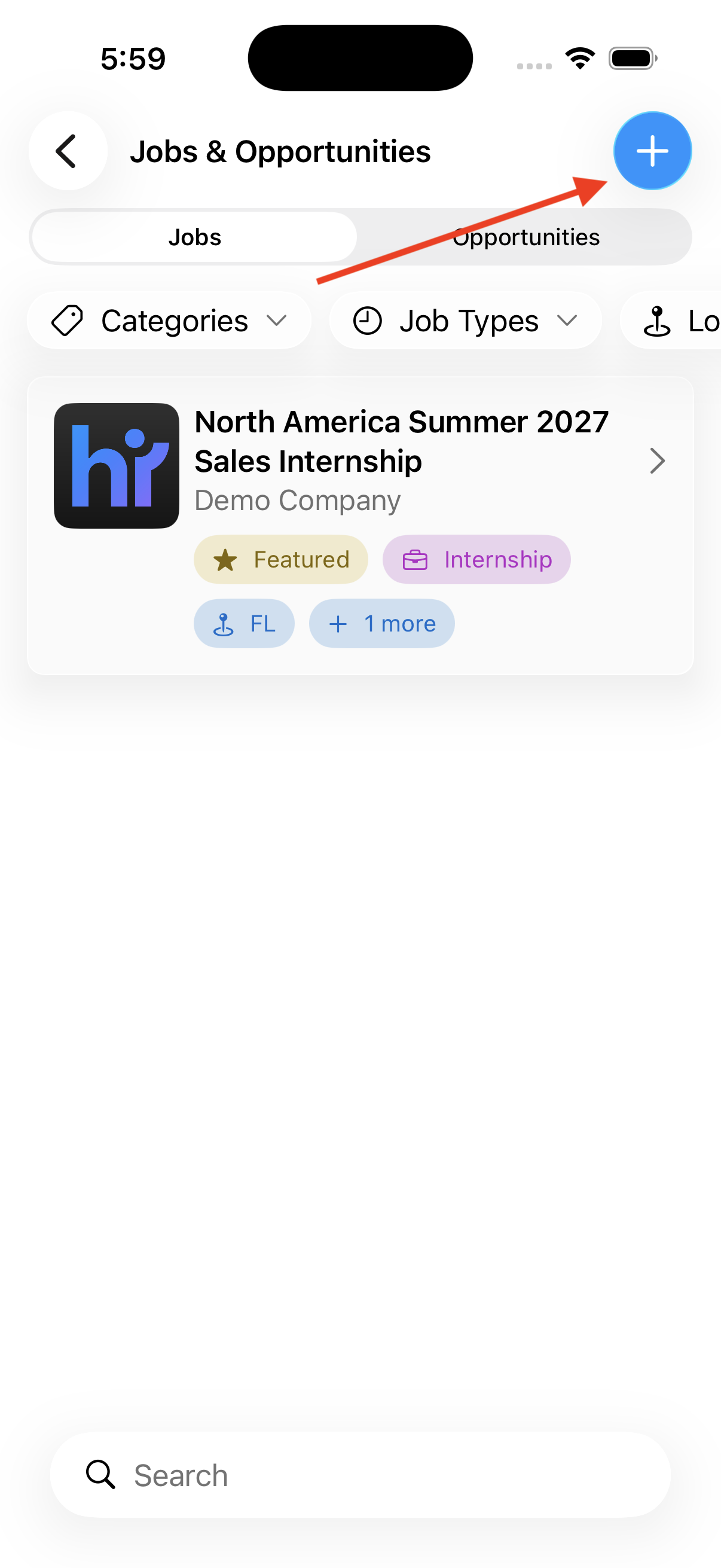The Jobs & Opportunities screen with the plus button highlighted