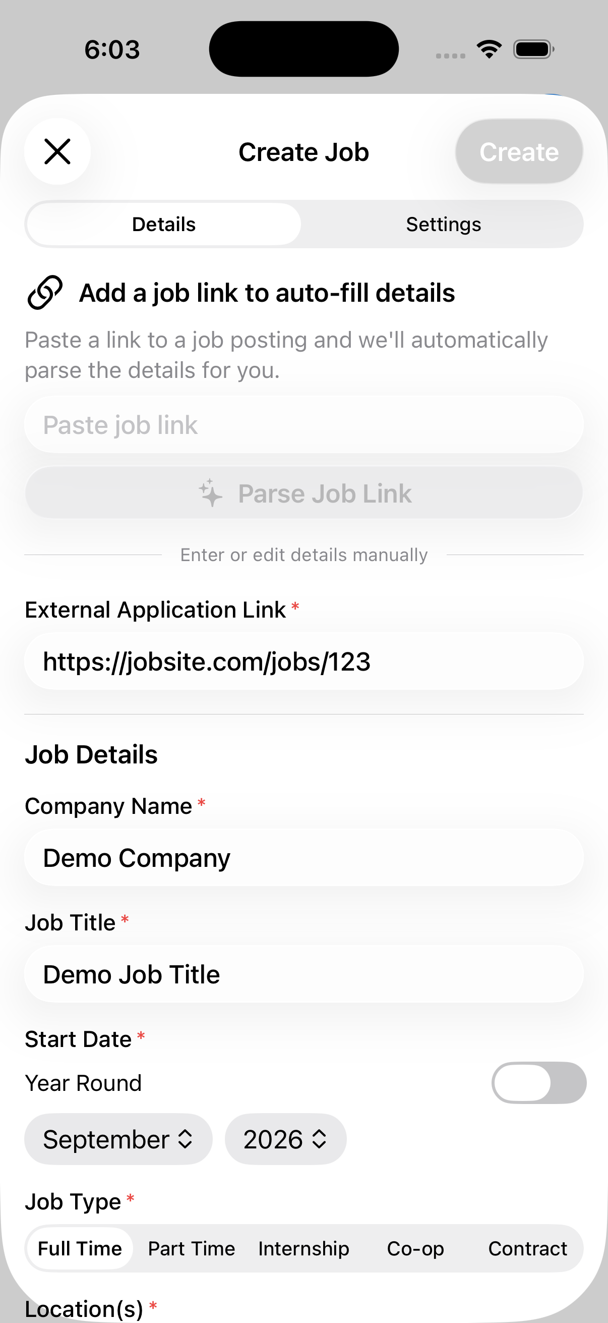 The Create Job sheet with the job link parser and the required detail fields