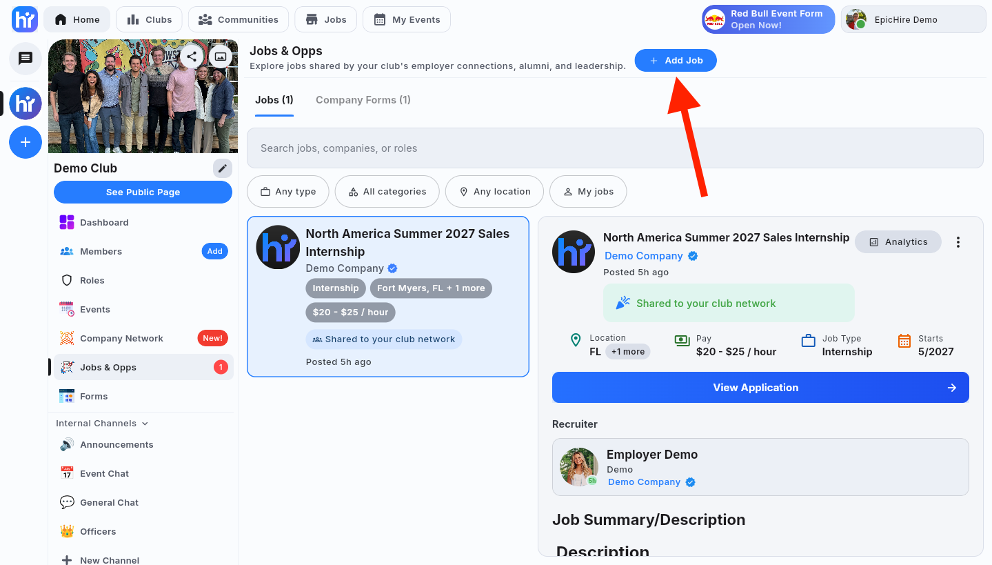 The Jobs & Opps screen with the Add Job button highlighted