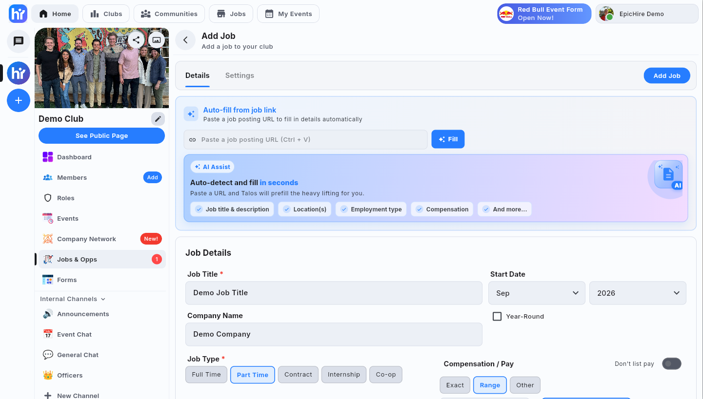 The Add Job form with the auto-fill from job link panel and the job detail fields