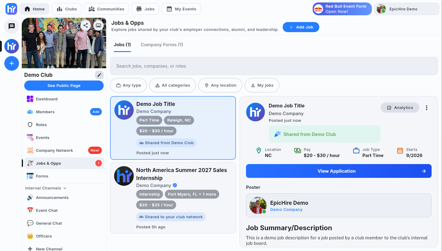 The posted club job on the board, tagged Shared from Demo Club with a View Application button