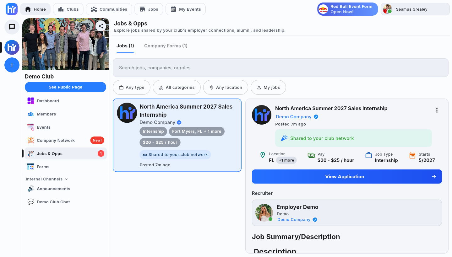 The Jobs & Opps channel showing the Jobs and Forms tabs