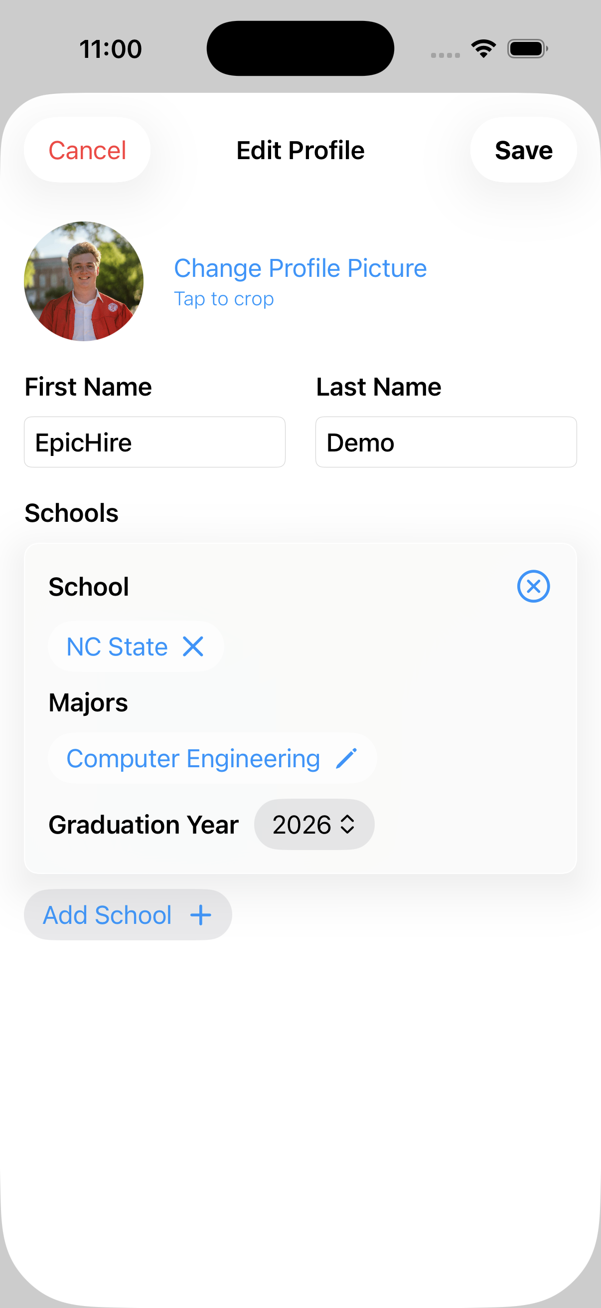 The school, major and graduation year fields on the edit profile screen