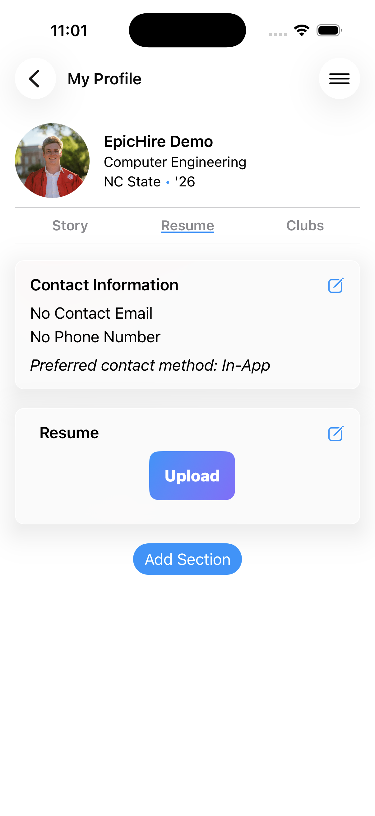 The Add Your Resume prompt on a profile with no resume yet
