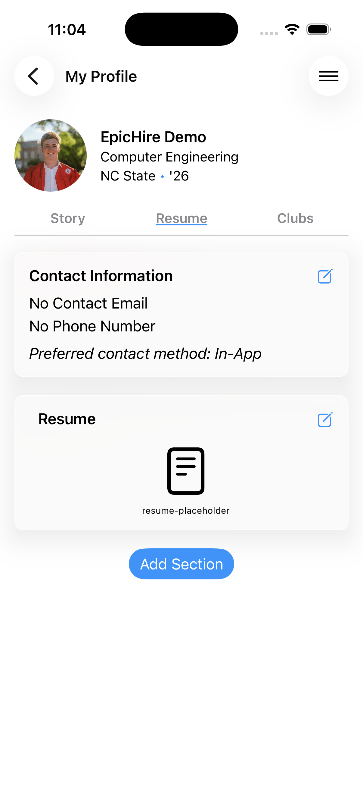 A completed profile showing the uploaded resume