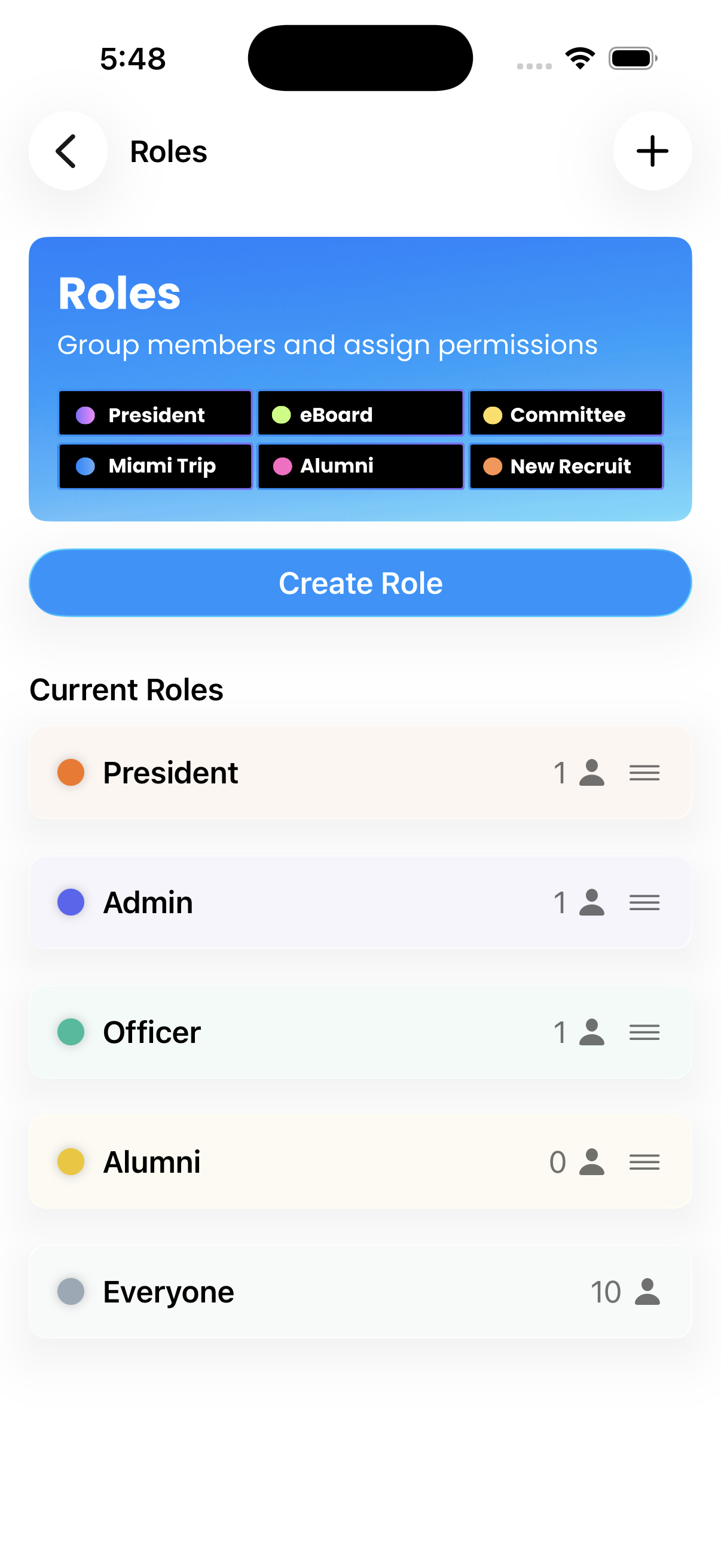 The Roles overview listing current roles and their member counts