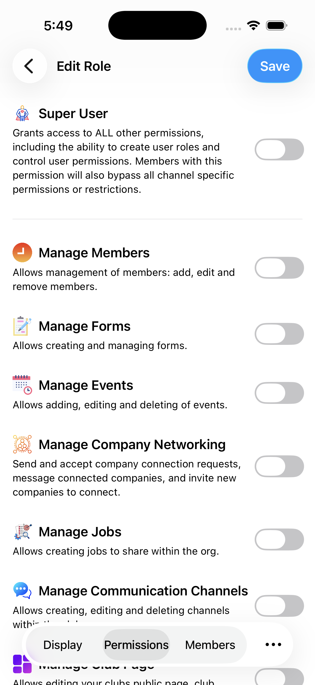 The Permissions tab showing Super User, Manage Members and the rest as switches