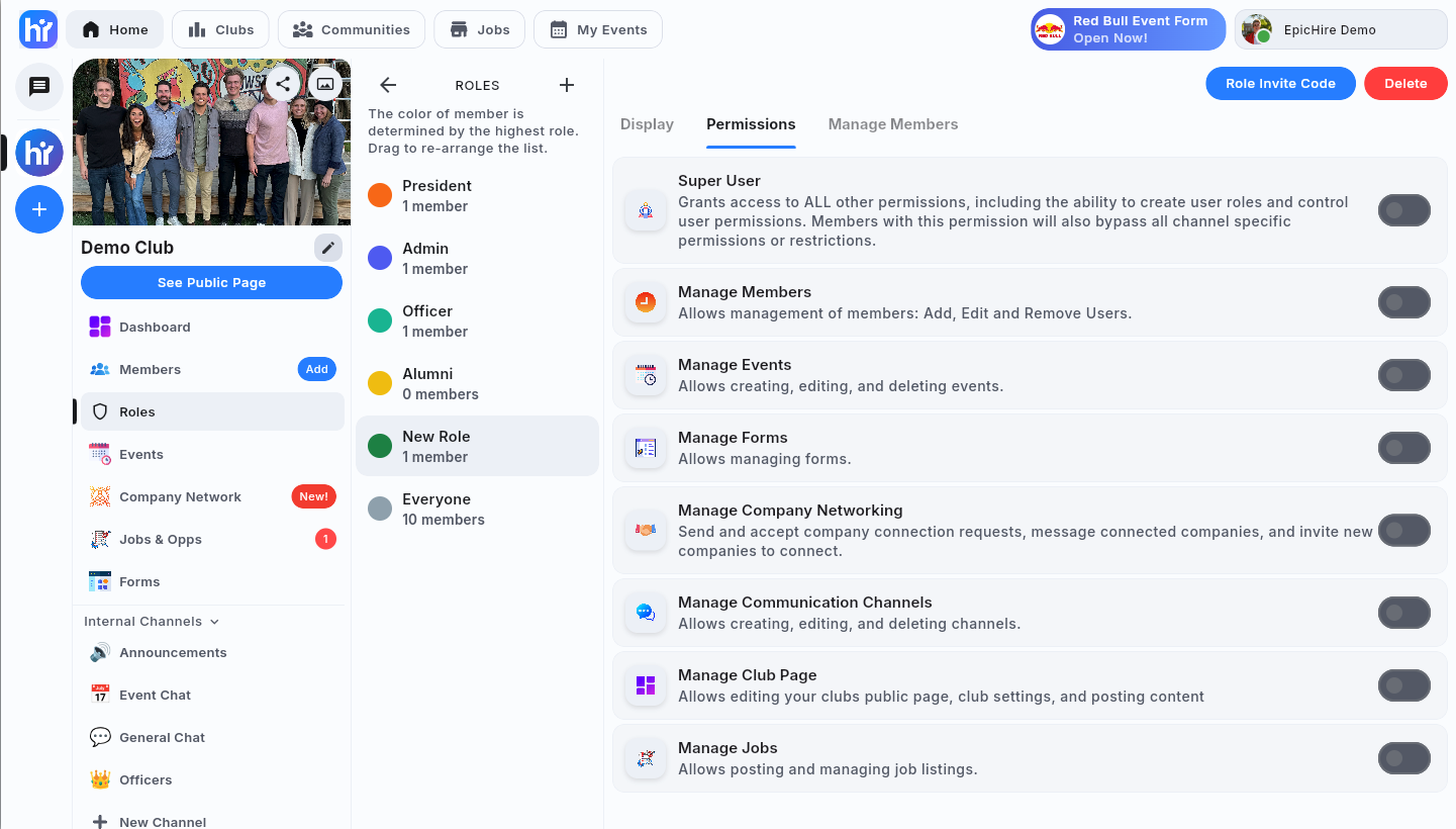 The Permissions tab of the role editor with each permission and its description