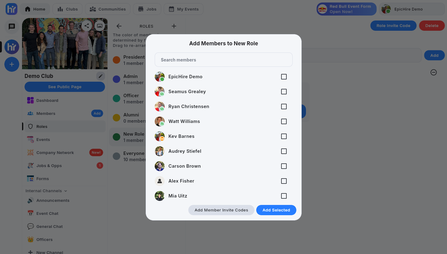 The Add Members to New Role dialog with checkboxes and the Add Selected button