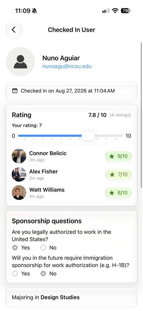 The Rating card showing teammates' individual scores below the slider